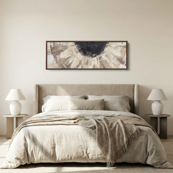 Above Bed Wall Art Panoramic Neutral Brushstroke Sunburst Abstract panoramic canvas in a walnut frame, above the bed