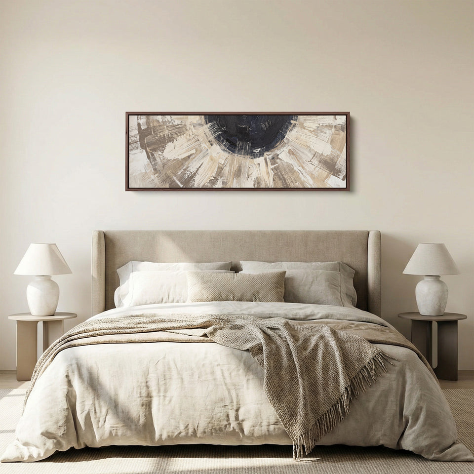 Above Bed Wall Art Panoramic Neutral Brushstroke Sunburst Abstract panoramic canvas in a walnut frame, above the bed