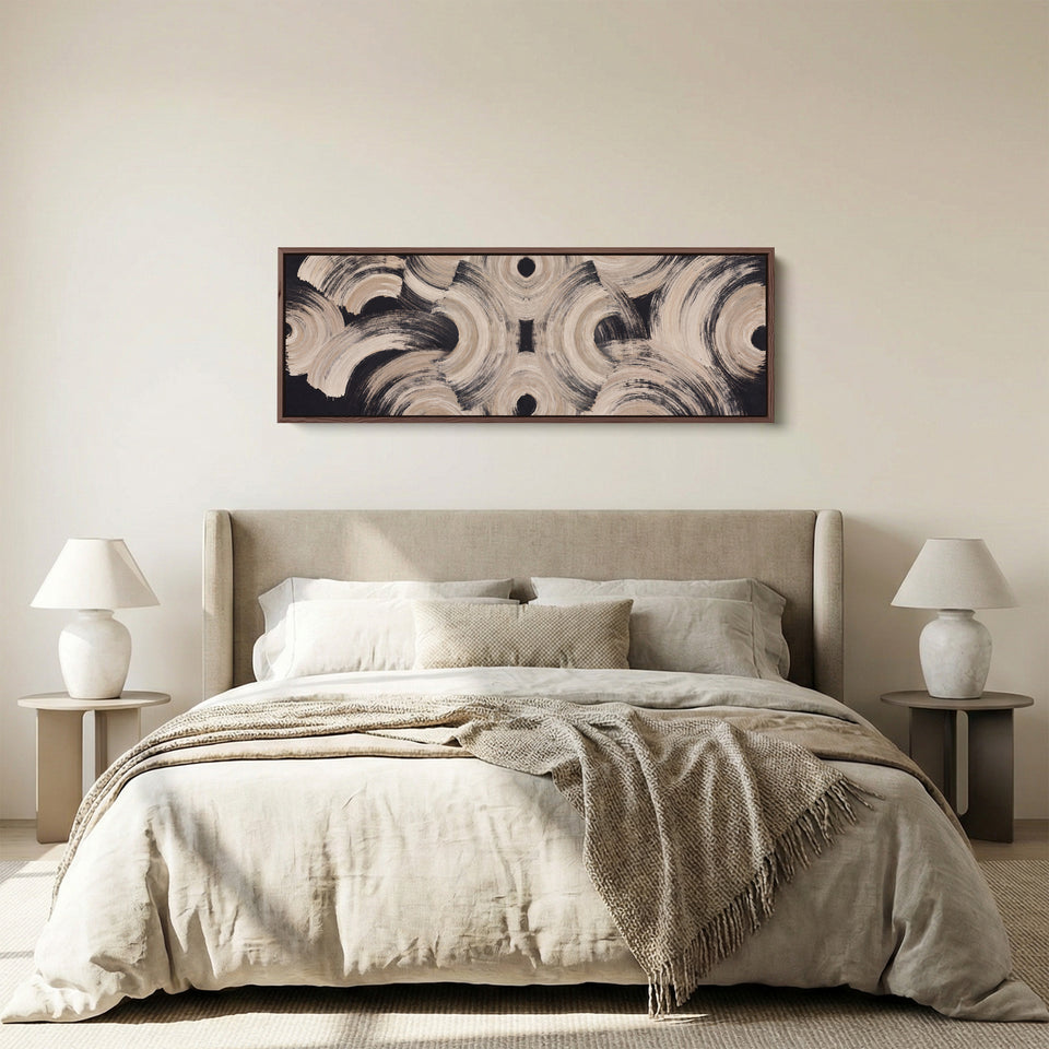 Neutral Brushstroke Arcs Pattern Long Narrow Wall Art Above Couch panoramic canvas in a walnut frame, above the bed