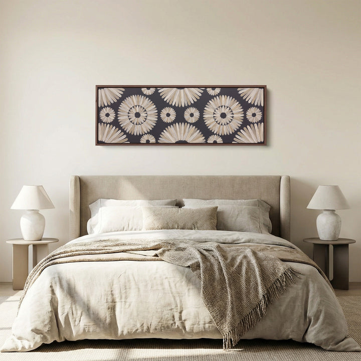 Modern Boho Mandala Pattern Horizontal Wall Art for Bedroom panoramic canvas in a walnut frame, above the bed