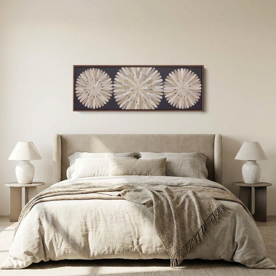Hallway Wall Art Long Horizontal Three Brushstroke Medallions panoramic canvas in a walnut frame, above the bed
