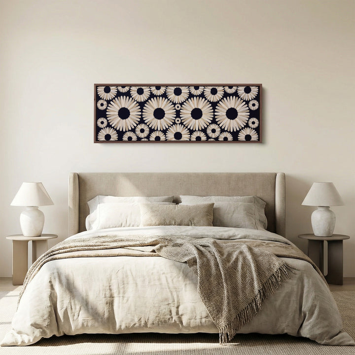 Long Wall Art Navy Daisy Pattern Abstract for Office panoramic canvas in a walnut frame, above the bed