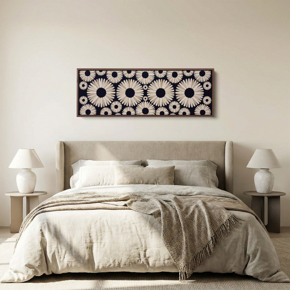 Long Wall Art Navy Daisy Pattern Abstract for Office panoramic canvas in a walnut frame, above the bed