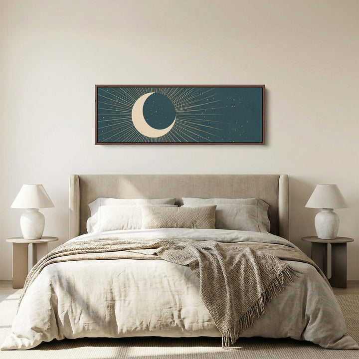 Teal Crescent Moon and Stars Panoramic Wall Art for Bedroom panoramic canvas in a walnut frame, above the bed