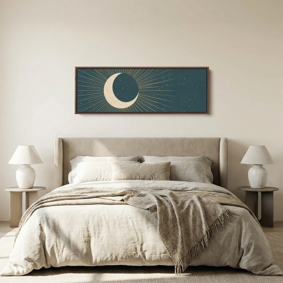 Teal Crescent Moon and Stars Panoramic Wall Art for Bedroom panoramic canvas in a walnut frame, above the bed