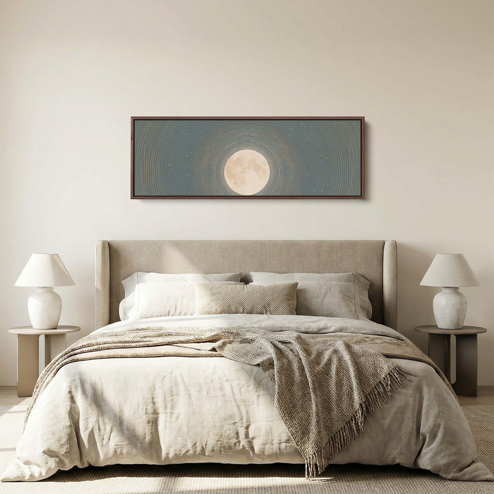 Bedroom Wall Art Long Horizontal Full Moon with Celestial Rings panoramic canvas in a walnut frame, above the bed