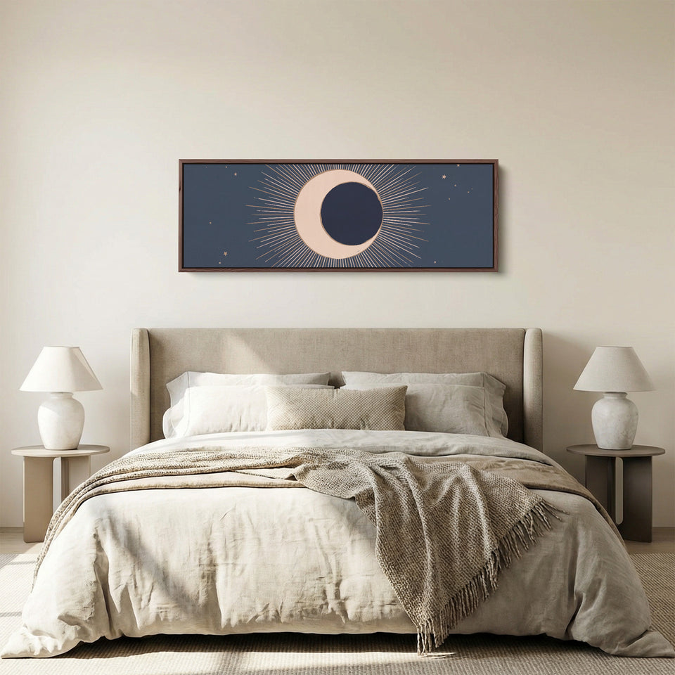 Navy Crescent Eclipse Long Wall Art Large Canvas Above Bed panoramic canvas in a walnut frame, above the bed