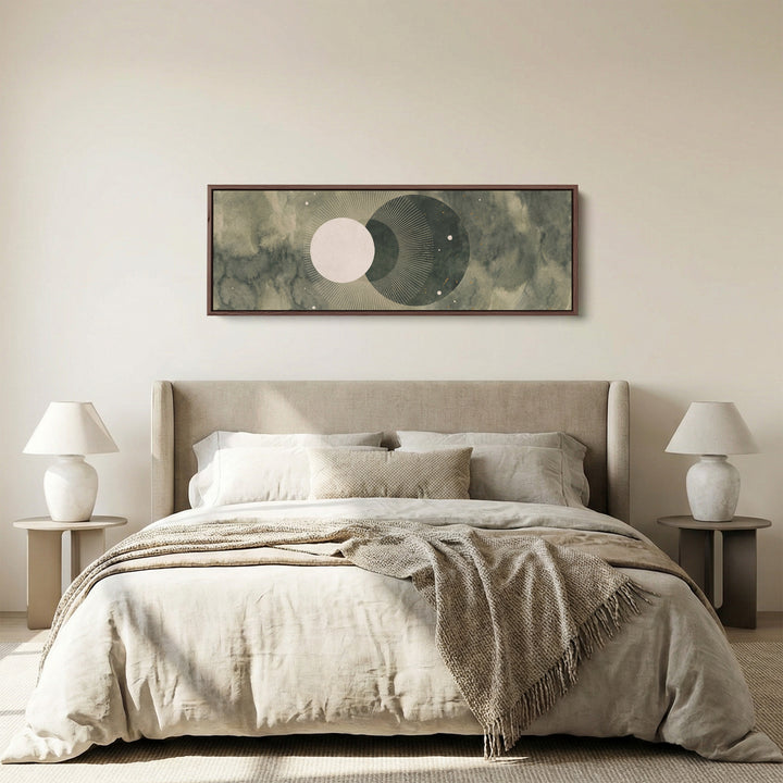 Dreamy Watercolor Moon Phases Panoramic Wall Art for Bedroom panoramic canvas in a walnut frame, above the bed