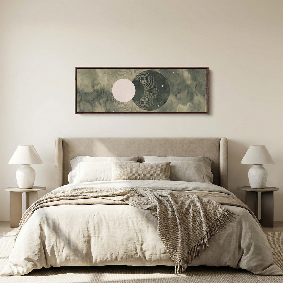 Dreamy Watercolor Moon Phases Panoramic Wall Art for Bedroom panoramic canvas in a walnut frame, above the bed