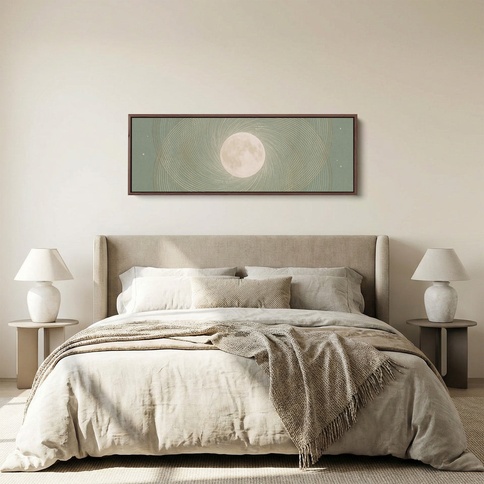 Above Couch Wall Art Panoramic Sage Full Moon Celestial Canvas panoramic canvas in a walnut frame, above the bed