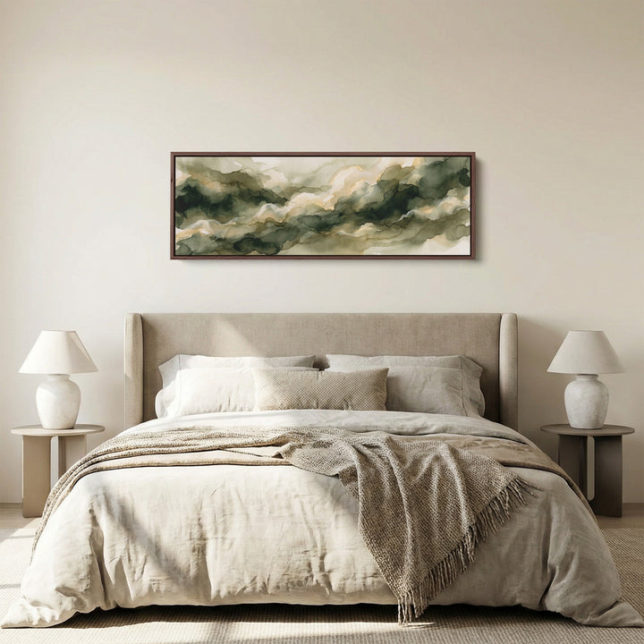 Long Narrow Wall Art Sage Watercolor Clouds Abstract for Living Room panoramic canvas in a walnut frame, above the bed