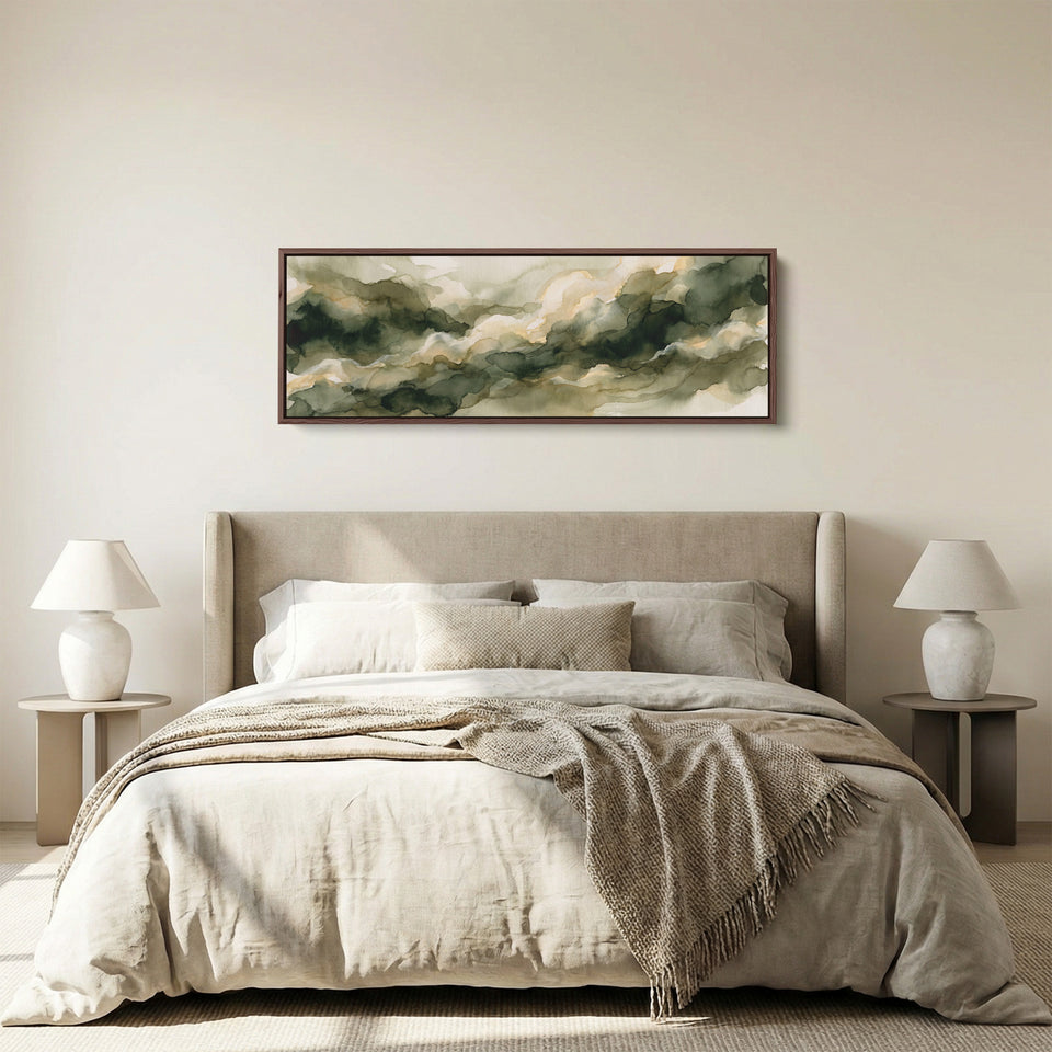 Long Narrow Wall Art Sage Watercolor Clouds Abstract for Living Room panoramic canvas in a walnut frame, above the bed