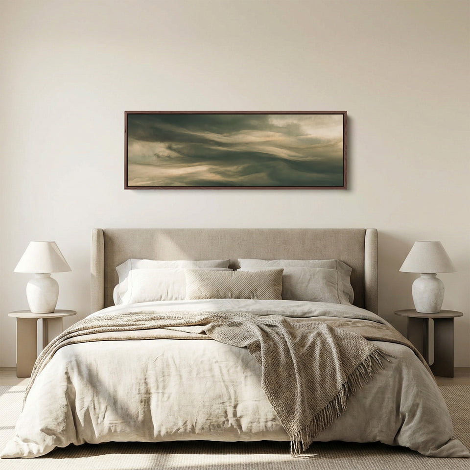 Moody Swirling Clouds Horizontal Wall Art Large Canvas for Office panoramic canvas in a walnut frame, above the bed
