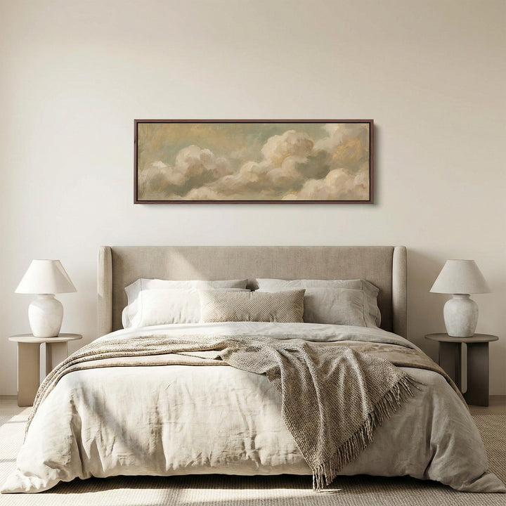 Soft Romantic Cream Clouds Long Wall Art Above Bed panoramic canvas in a walnut frame, above the bed