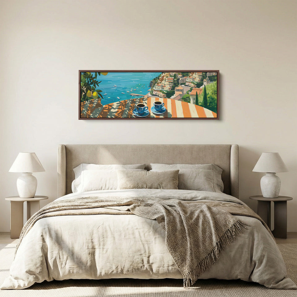 Horizontal Wall Art Coastal Terrace Coffee Scene Long Canvas For Kitchen