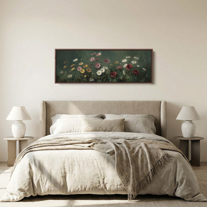 Long Framed Canvas Dark Meadow Daisies Long Canvas For Bedroom