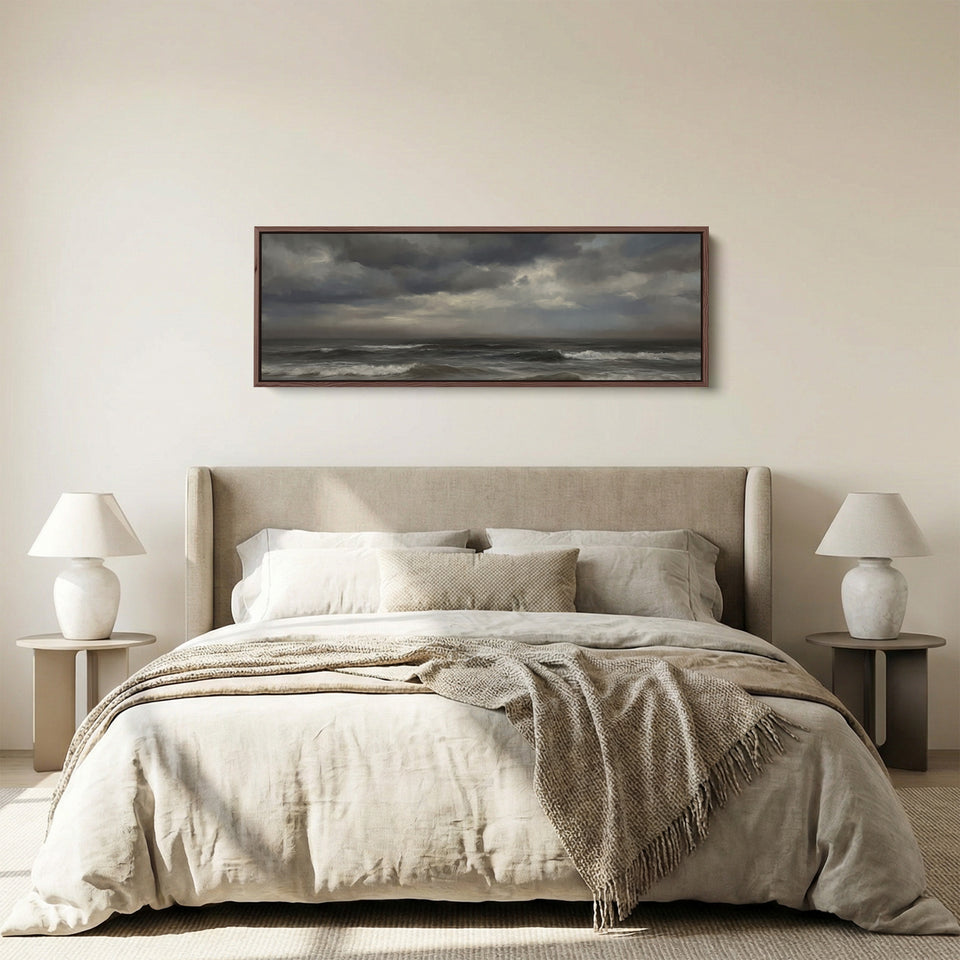 Wide Framed Canvas Breaking Waves Under Clouds Oversized Wall Decor Bedroom