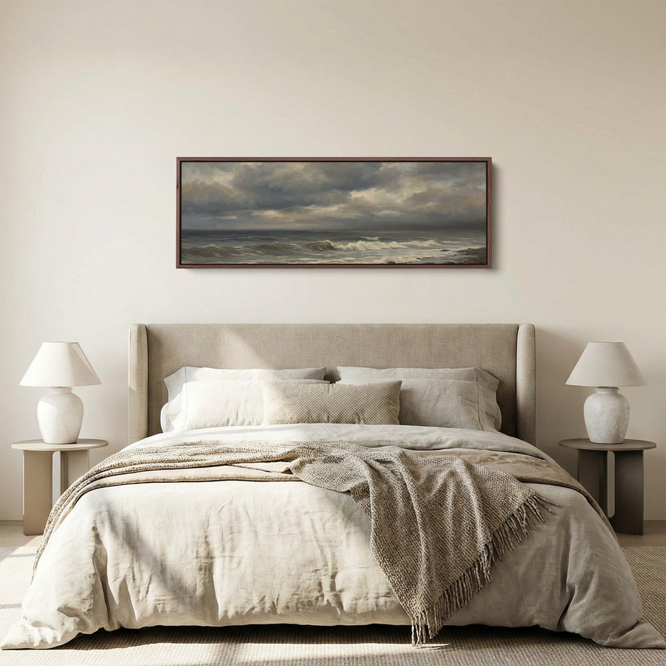 Long Wall Art Rolling Waves And Dark Sky Panoramic Canvas Print Living Room