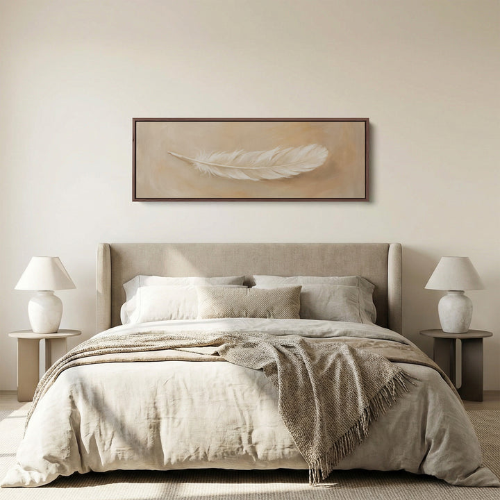 Single White Feather Above Bed Wall Art Extra Wide Canvas Bedroom