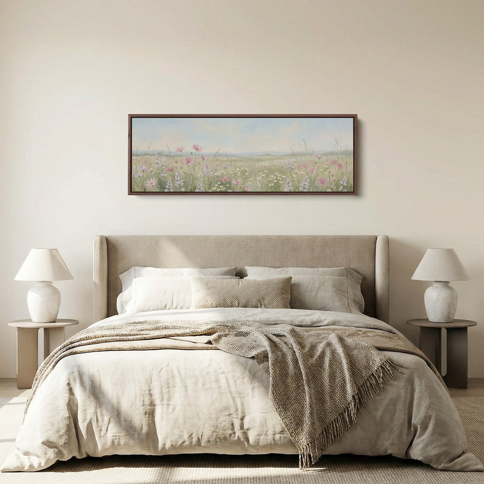 Wildflower Meadow With Pink Flowers Above Soft Wall Art Statement Wall Decor Office