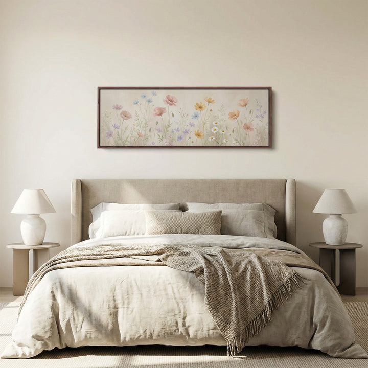 Pastel Wildflowers On Beige Background Large Wall Art Panoramic Canvas Print Bedroom
