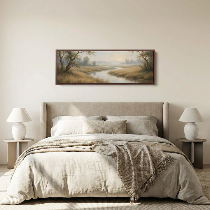 River Through Grassy Landscape Panoramic Wall Art Statement Wall Decor Living Room