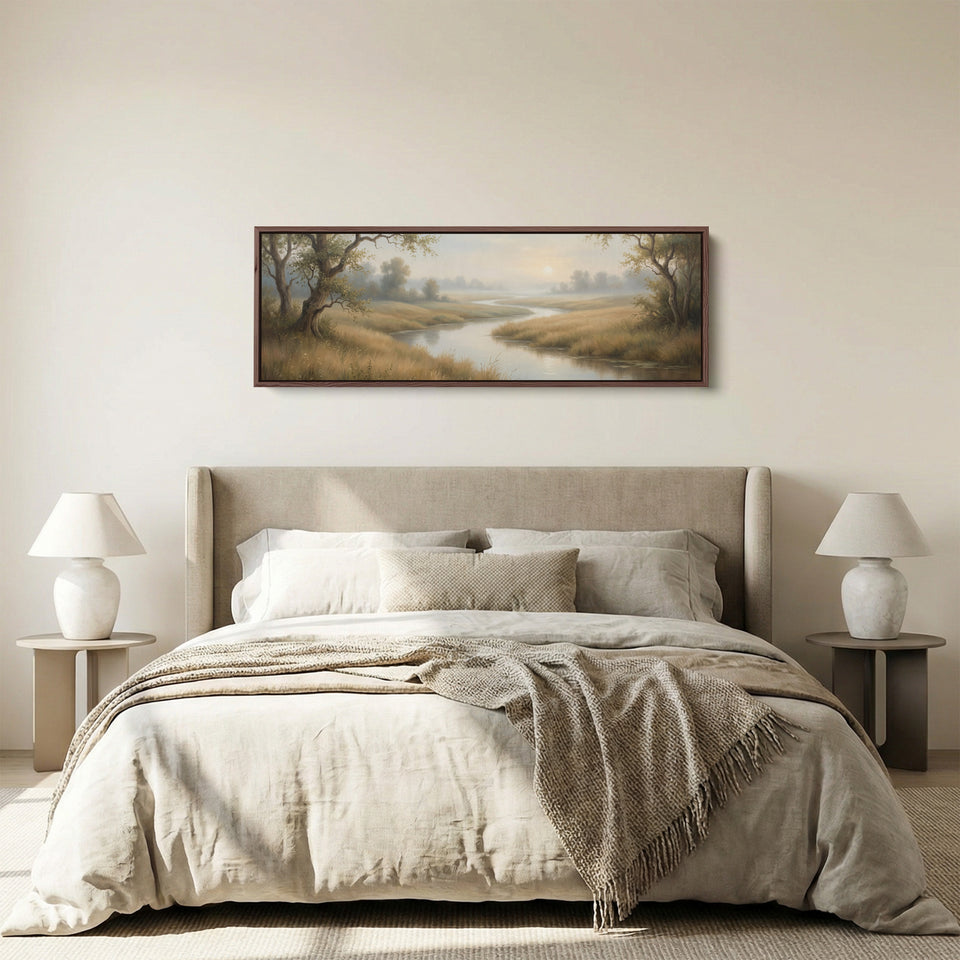 River Through Grassy Landscape Panoramic Wall Art Statement Wall Decor Living Room