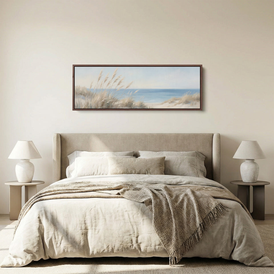Beach Grasses And Blue Sea Long Wall Art Panoramic Canvas Print Bedroom