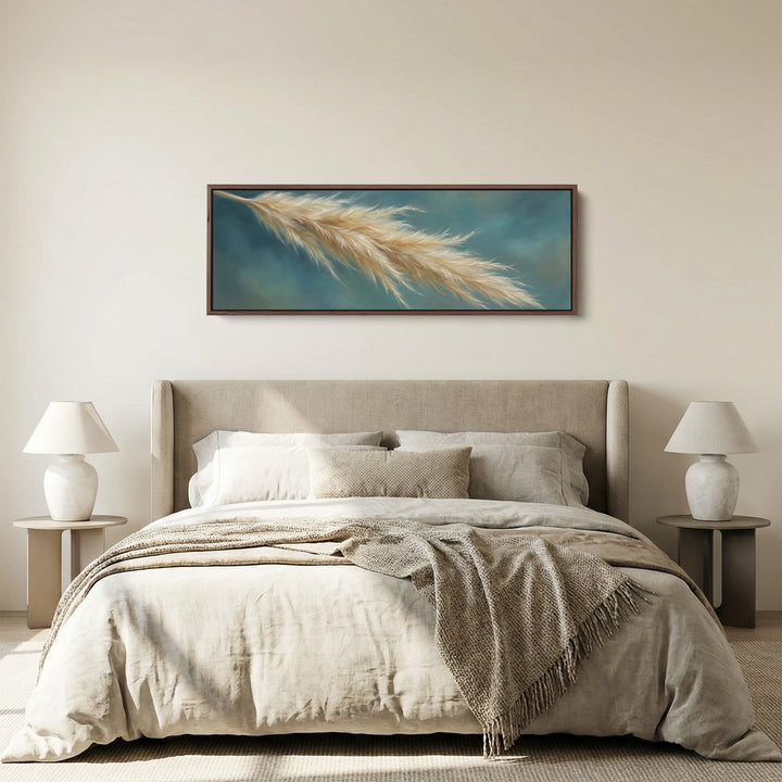 Pampas Grass On Blue Background Large Wall Art Panoramic Canvas Print Hallway