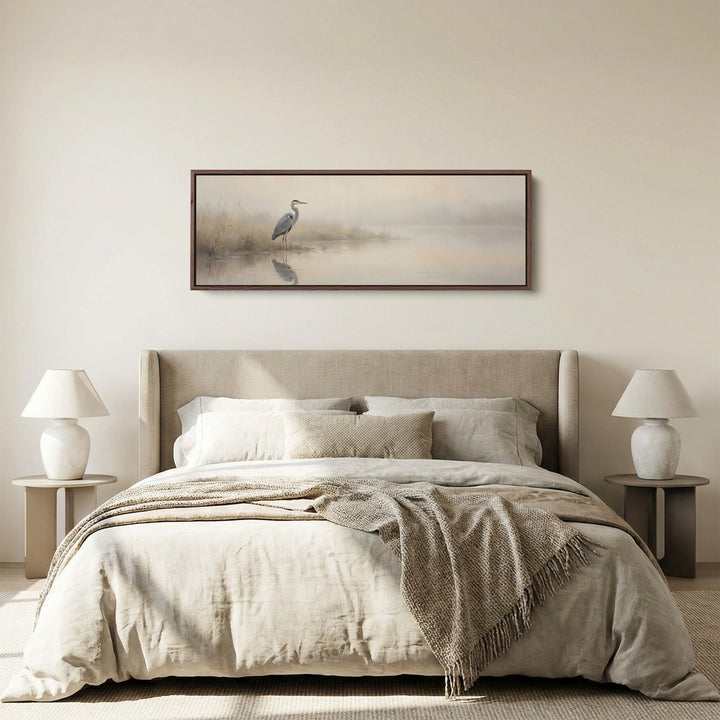 Heron In Foggy Water Wide Framed Canvas Extra Wide Canvas Bedroom