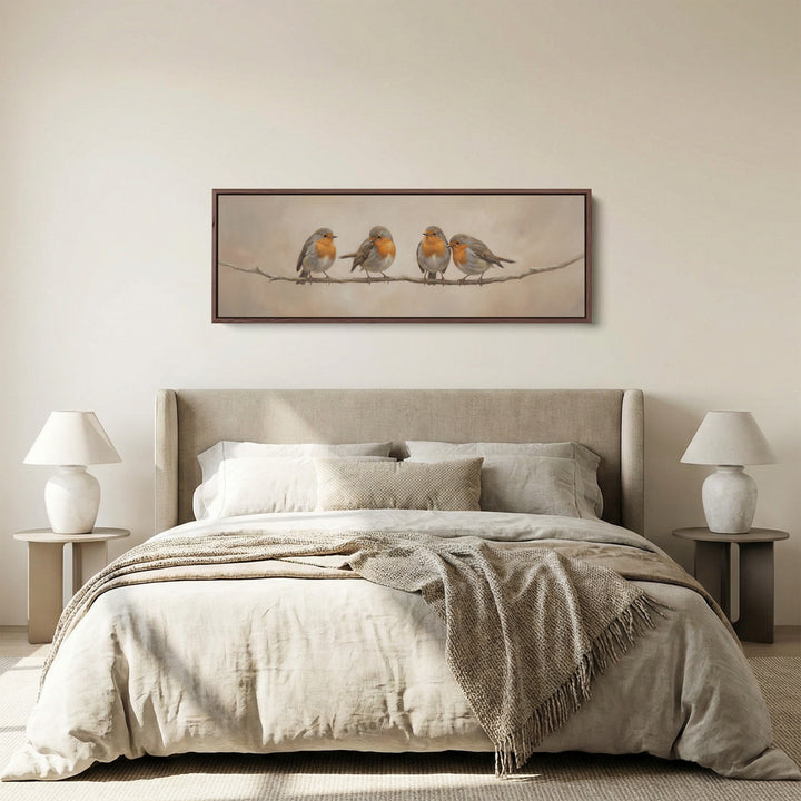 Four Robins On Branch Long Wall Art Panoramic Canvas Print Living Room