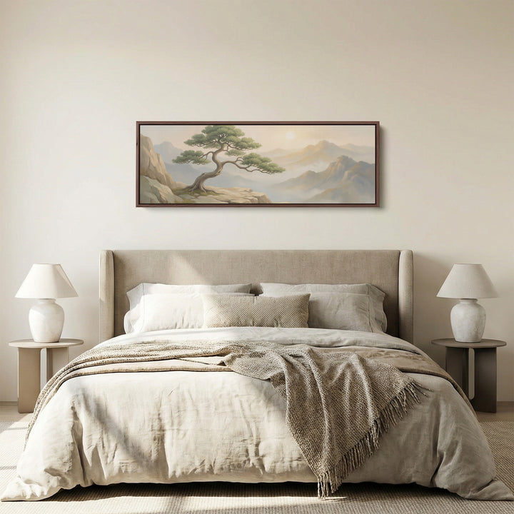 Bonsai Tree On Mountain Cliff Wide Framed Canvas Living Room