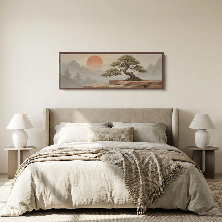 Long Wall Art Bonsai Tree With Red Sun Panoramic Canvas Bedroom