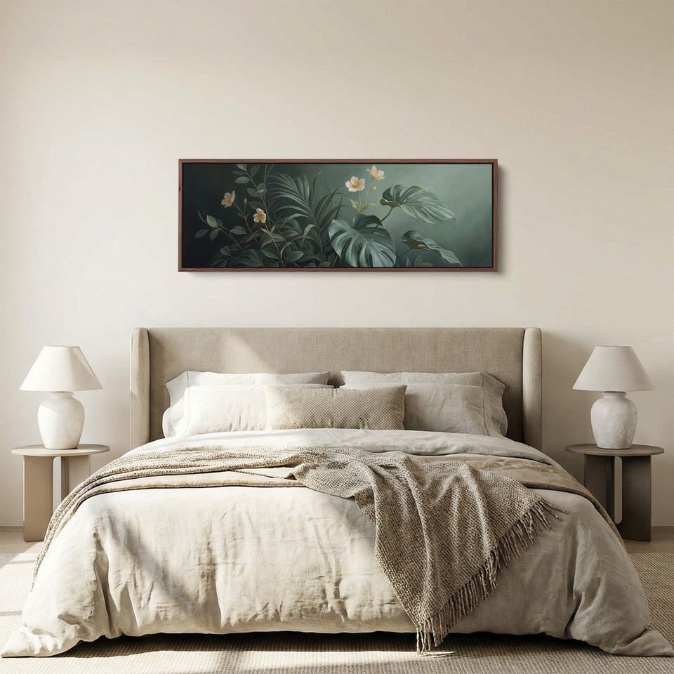 Tropical Leaves with White Flowers Horizontal Canvas Wall Art Statement Decor for Bedroom