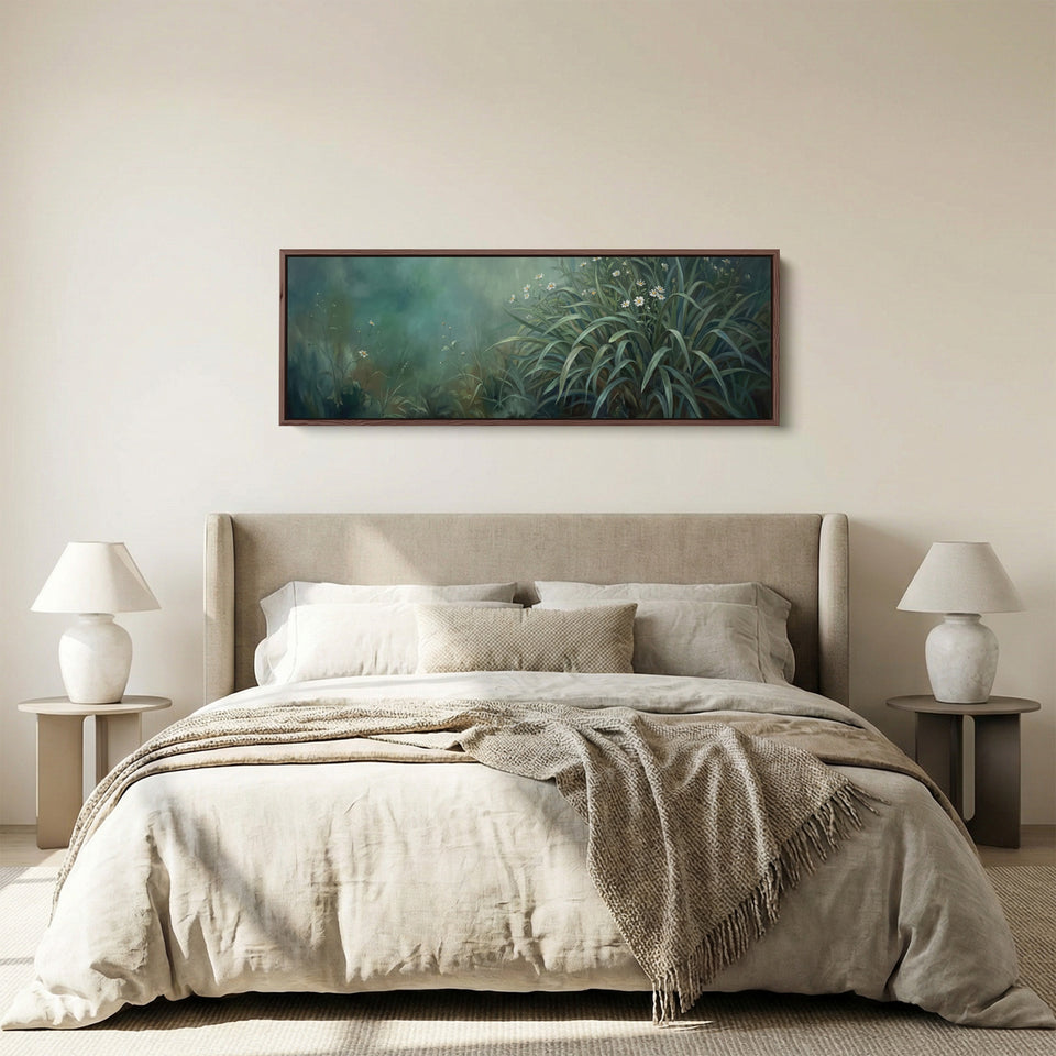 Wild Grass With White Flowers Wide Framed Canvas Extra Wide Canvas Bedroom