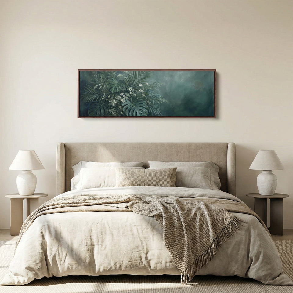 Tropical Leaves With White Flowers Horizontal Wall Art Statement Wall Decor Bedroom