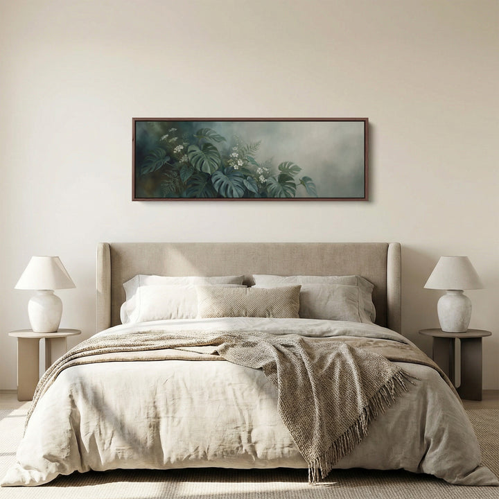 Above Bed Wall Art Tropical Leaves And White Blossoms Panoramic Canvas Print Living Room