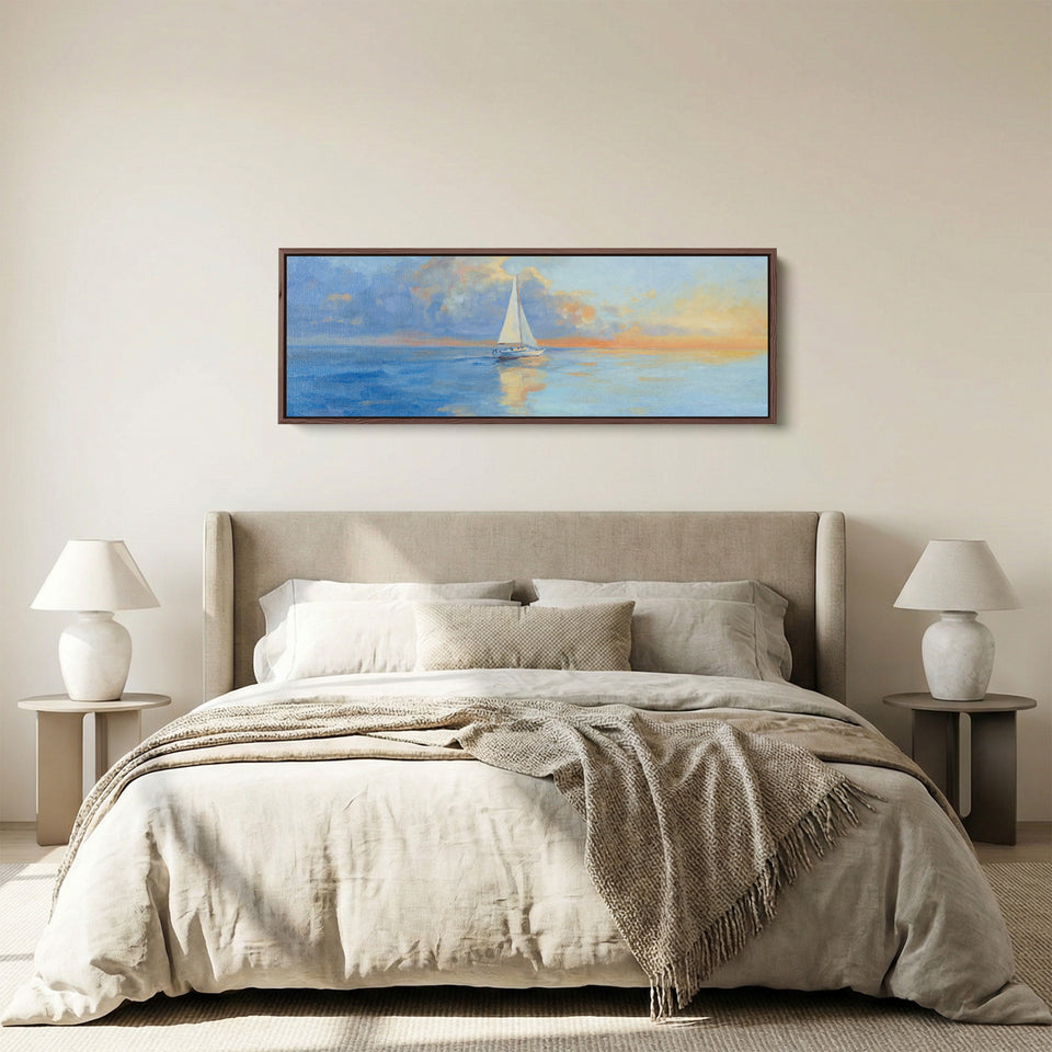 Long Horizontal Canvas Sailboat On Calm Sea For Bedroom Coastal Sunset Scene