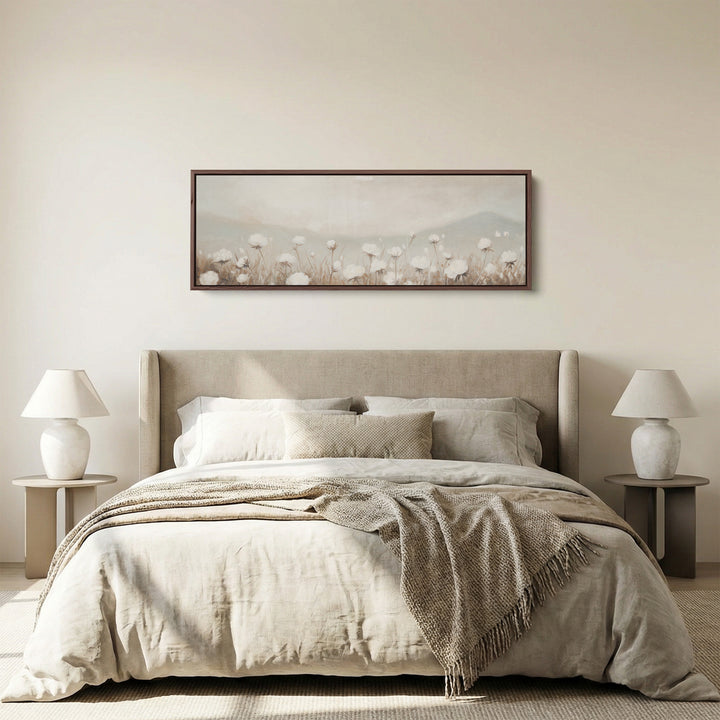 Extra Long Wall Art Soft White Wildflowers For Living Room Neutral Floral Scene