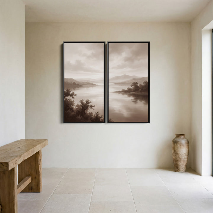 Oversized Diptych Wall Art Misty Lake Mountains for Bedroom Neutral Nature