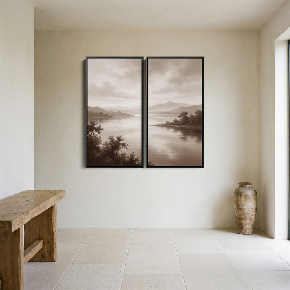 Oversized Diptych Wall Art Misty Lake Mountains for Bedroom Neutral Nature