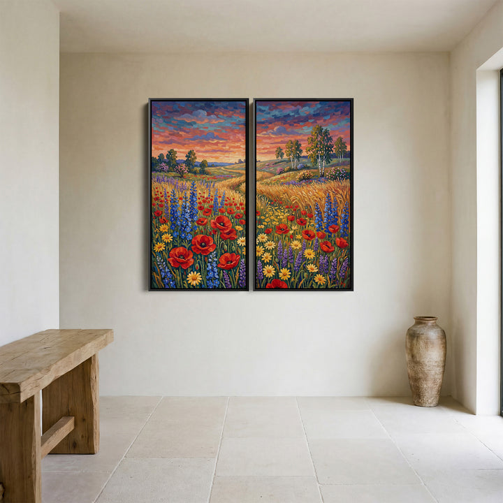 Set Of 2 Wall Art Colourful Wildflower Meadow for Dining Room Sunset Path
