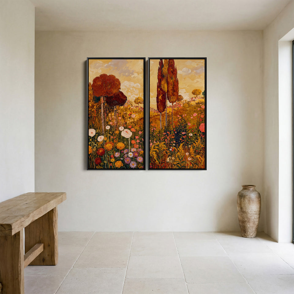 Golden Floral Landscape 2 Piece Wall Art Set for Hallway Countryside Scene