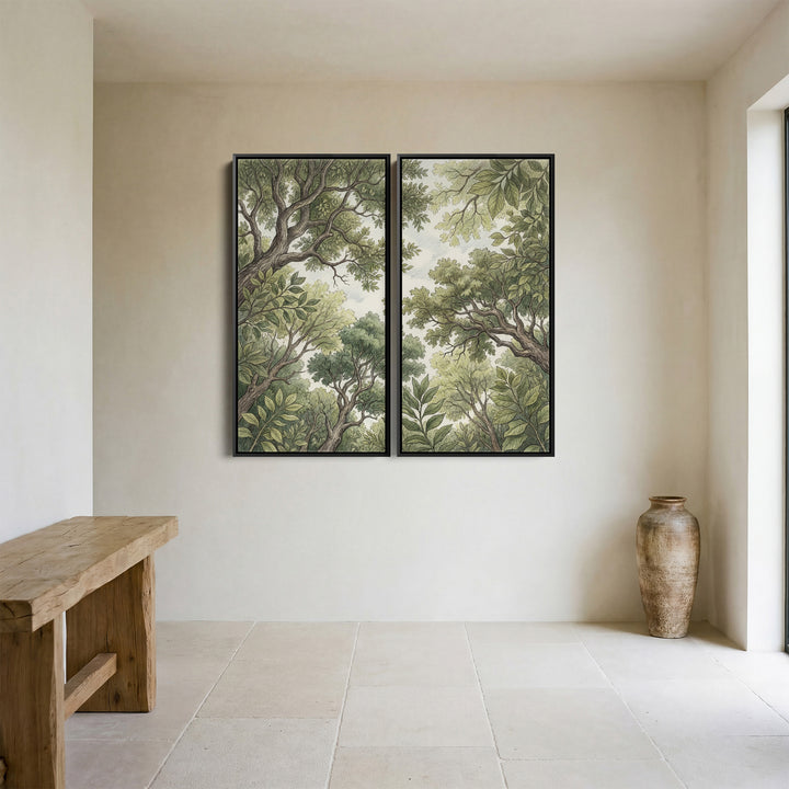 Vertical Diptych Wall Art Woodland Canopy Drawing for Bedroom Green Trees