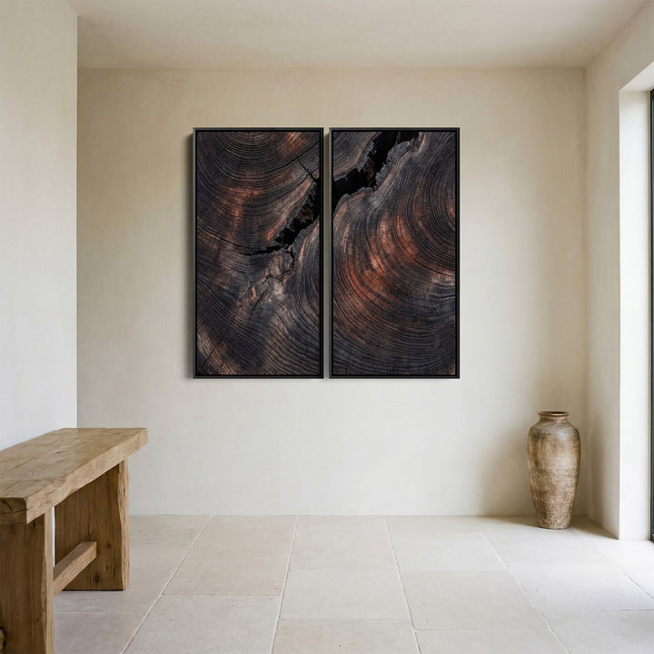 Large Diptych Wall Art Dark Wood Grain for Office Minimalist Abstract
