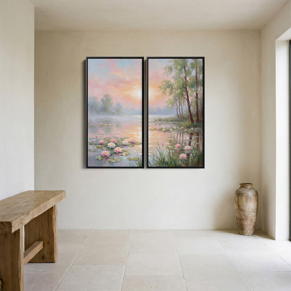 Oversized Canvas Wall Art Set Pastel Water Lilies for Bedroom Lake Scene