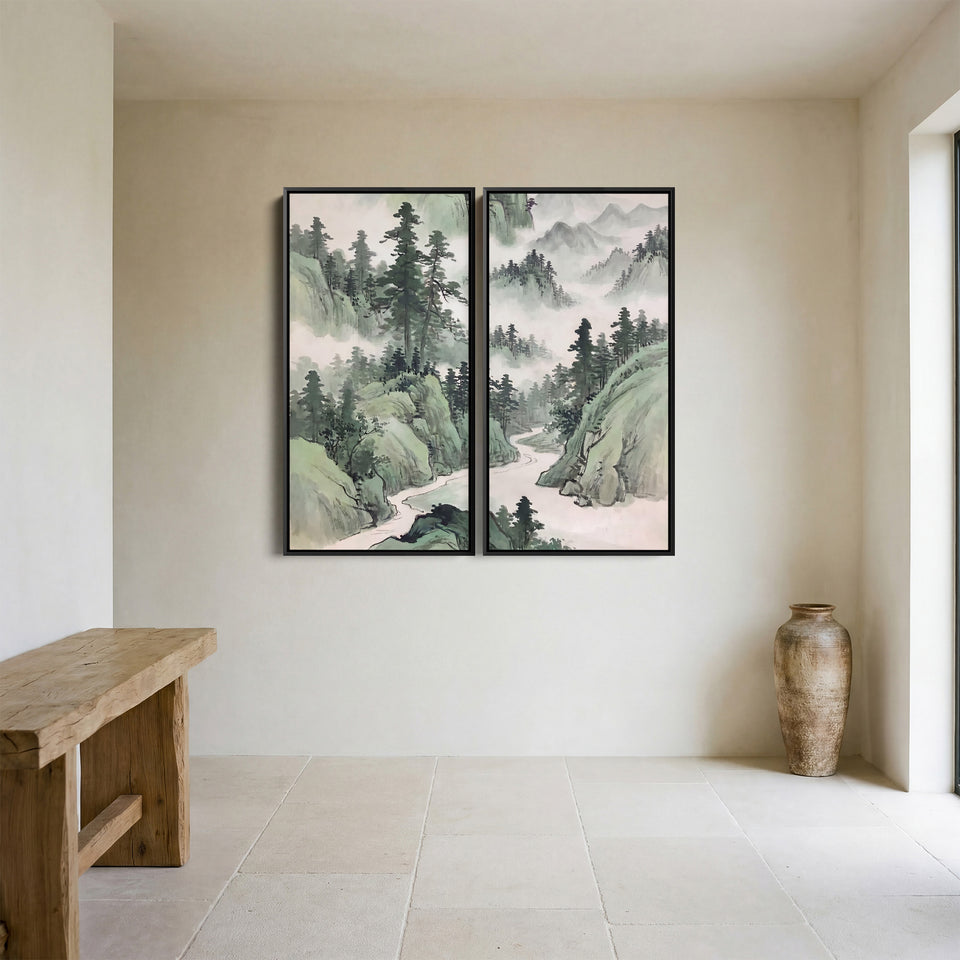 Misty Mountain River Diptych Wall Art for Living Room Forest Landscape