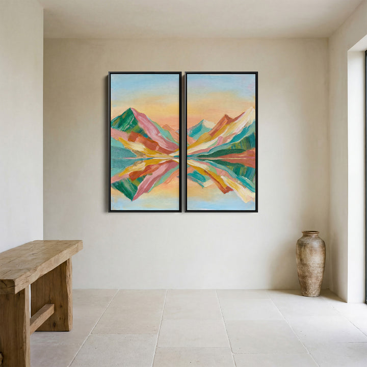 Colourful Peaks Oversized Diptych Wall Art Bedroom Mountain Lake Reflection