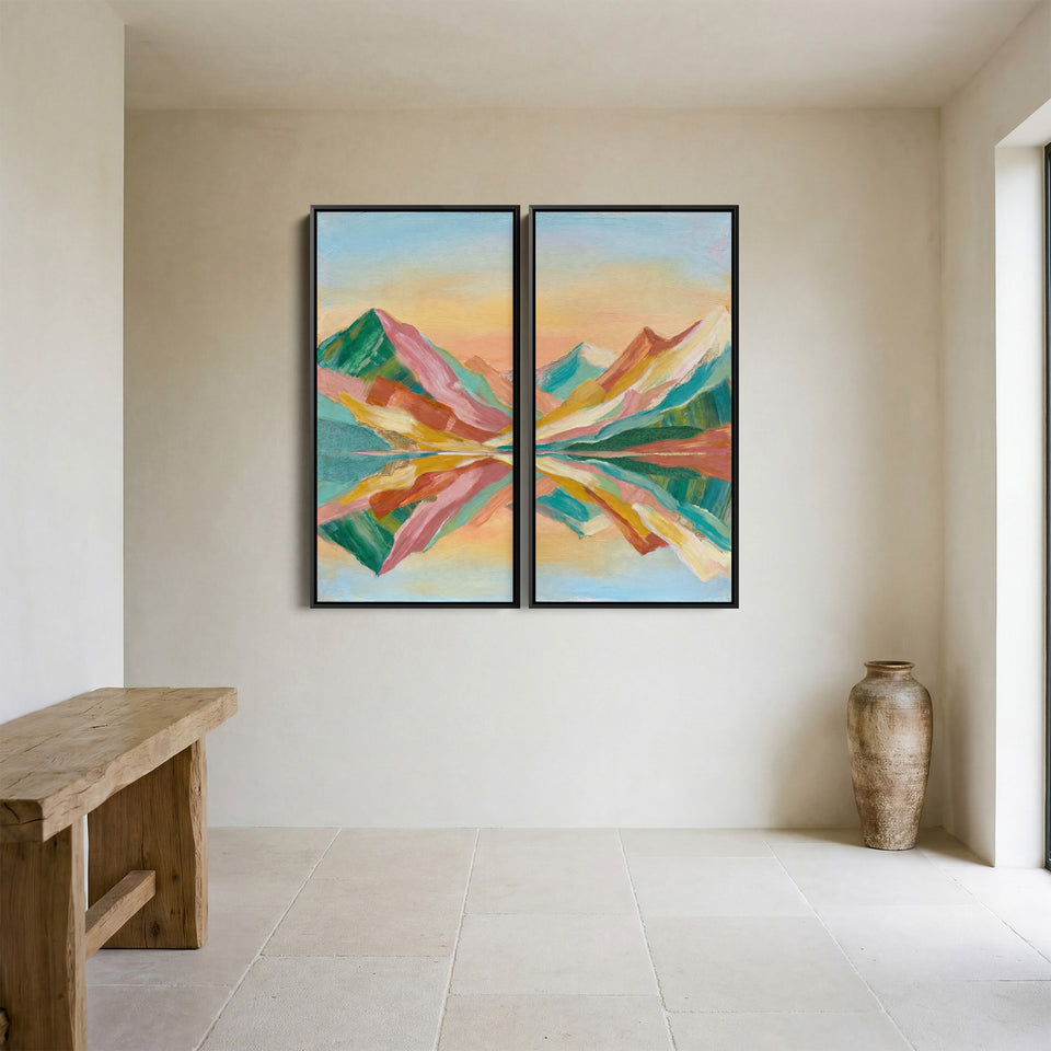 Colourful Peaks Oversized Diptych Wall Art Bedroom Mountain Lake Reflection