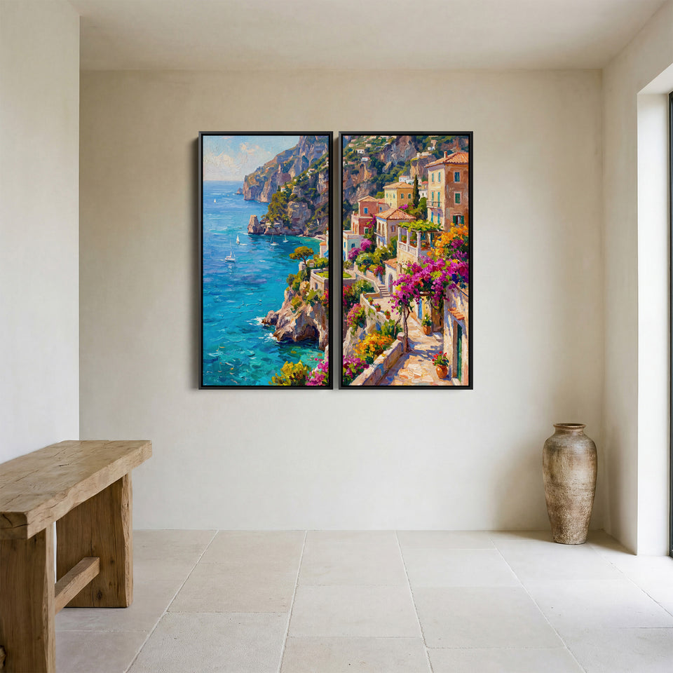 Set Of 2 Wall Art Mediterranean Coastal Village for Dining Room